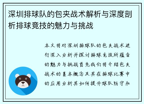 深圳排球队的包夹战术解析与深度剖析排球竞技的魅力与挑战