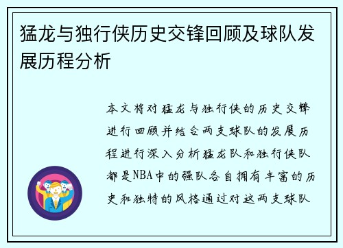 猛龙与独行侠历史交锋回顾及球队发展历程分析